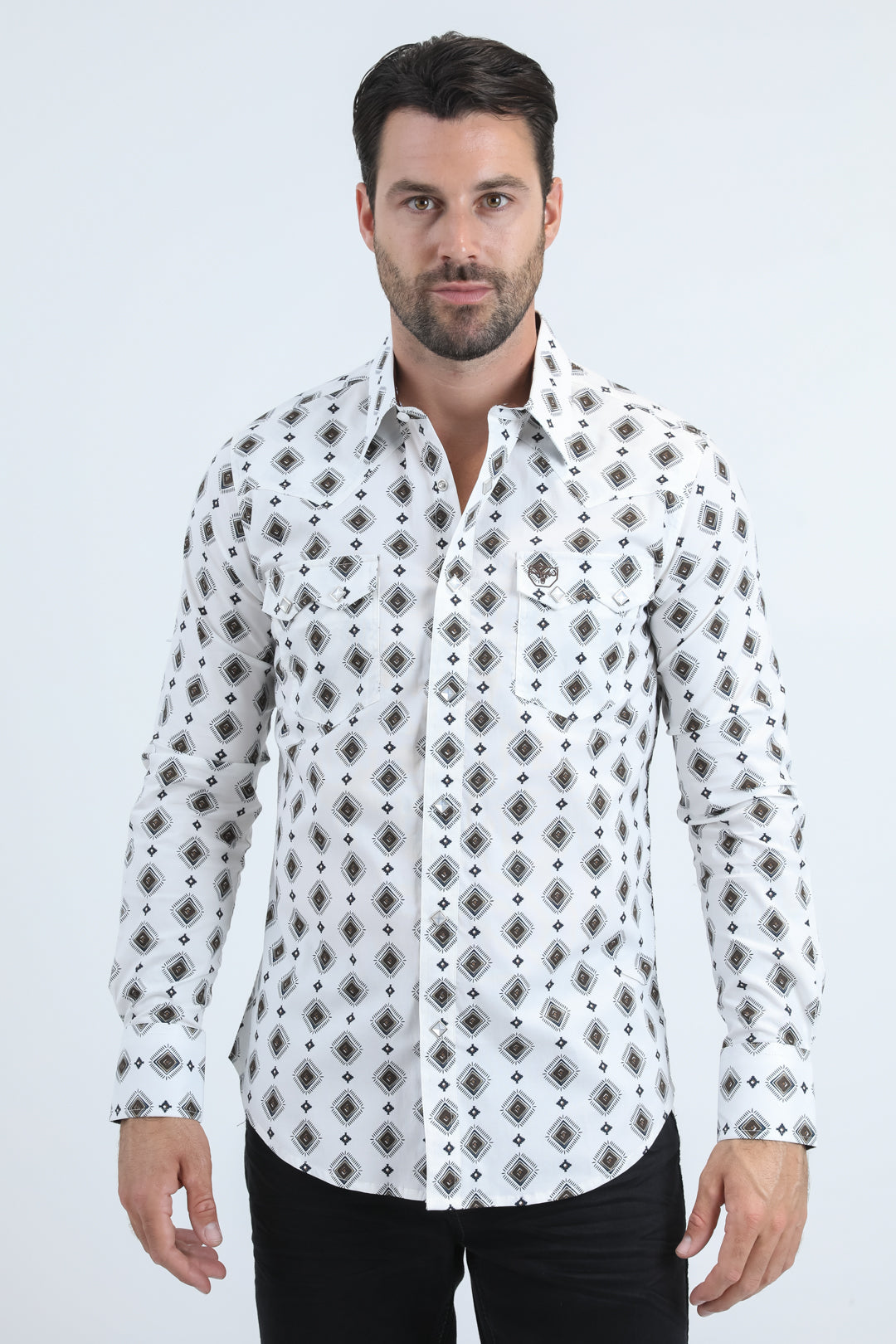 Mens Western Modern Fit Cotton/Spandex Long Sleeve Blue Shirt with Snaps
