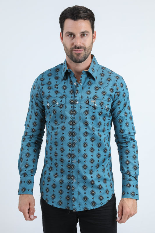 Mens Western Modern Fit Cotton/Spandex Long Sleeve Blue Shirt with Snaps