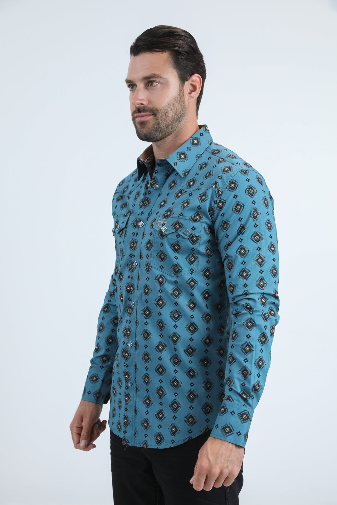 Mens Western Modern Fit Cotton/Spandex Long Sleeve Blue Shirt with Snaps