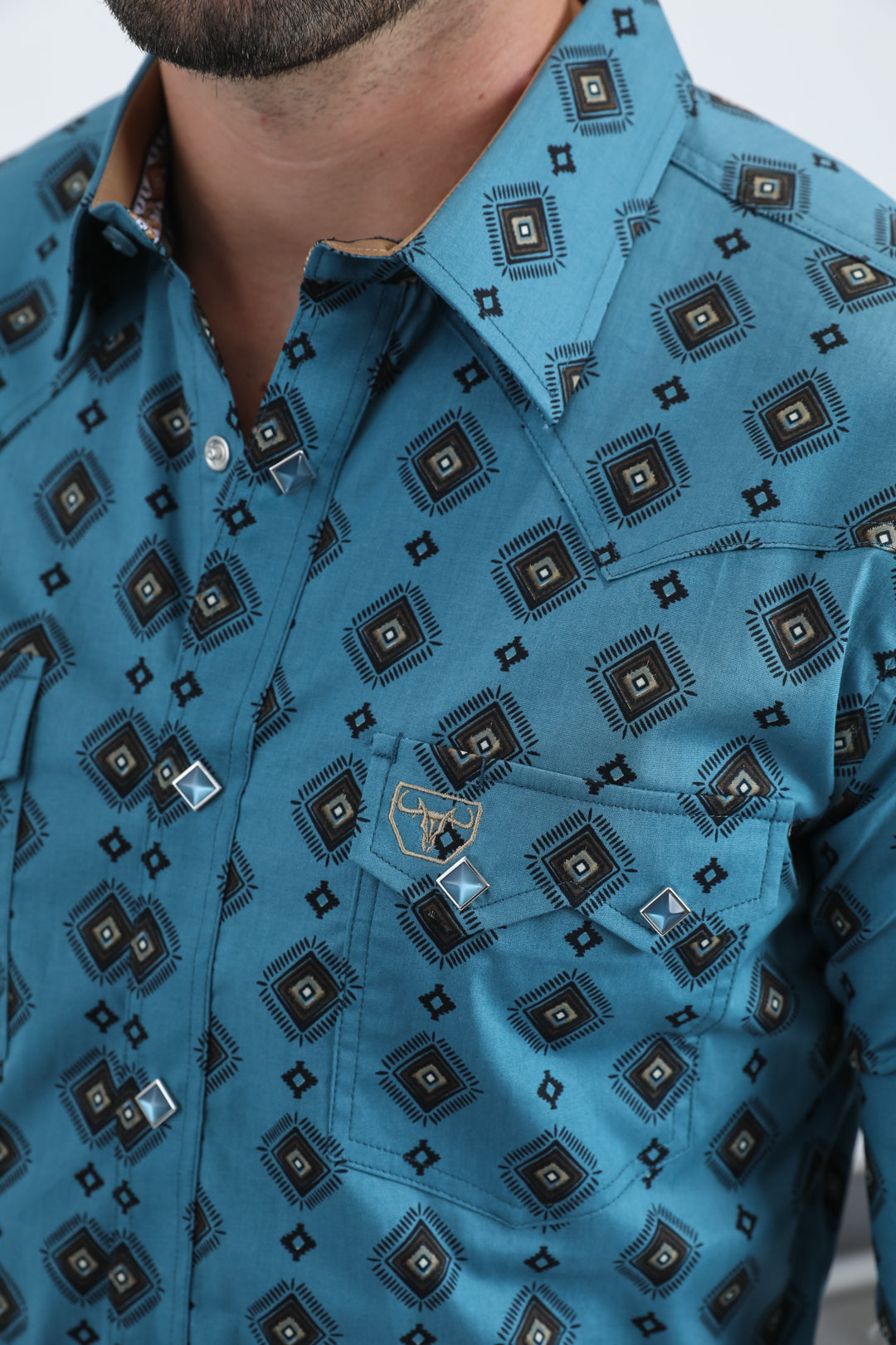 Mens Western Modern Fit Cotton/Spandex Long Sleeve Blue Shirt with Snaps