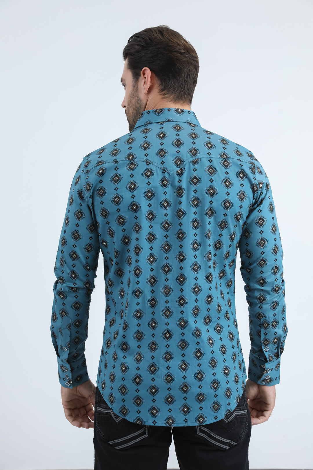 Mens Western Modern Fit Cotton/Spandex Long Sleeve Blue Shirt with Snaps