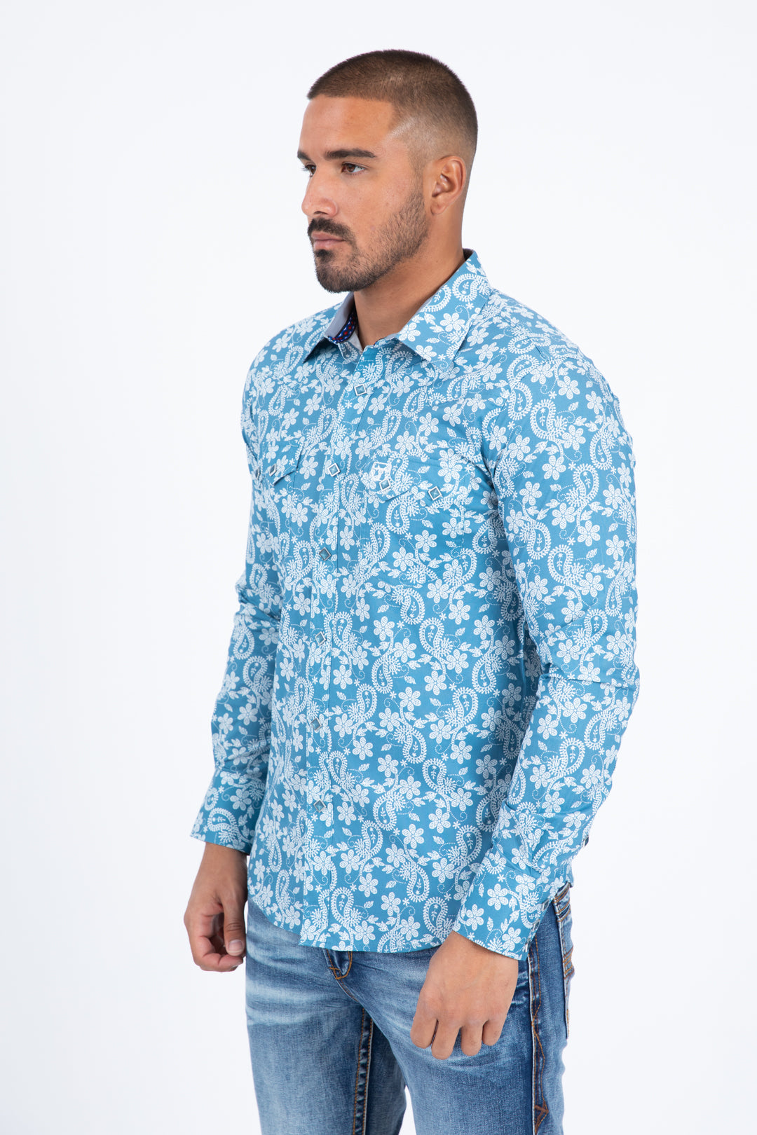 blue organic botanical western shirt platini side