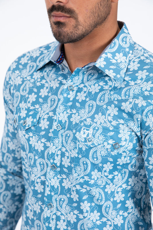blue organic botanical western shirt men platini close-up