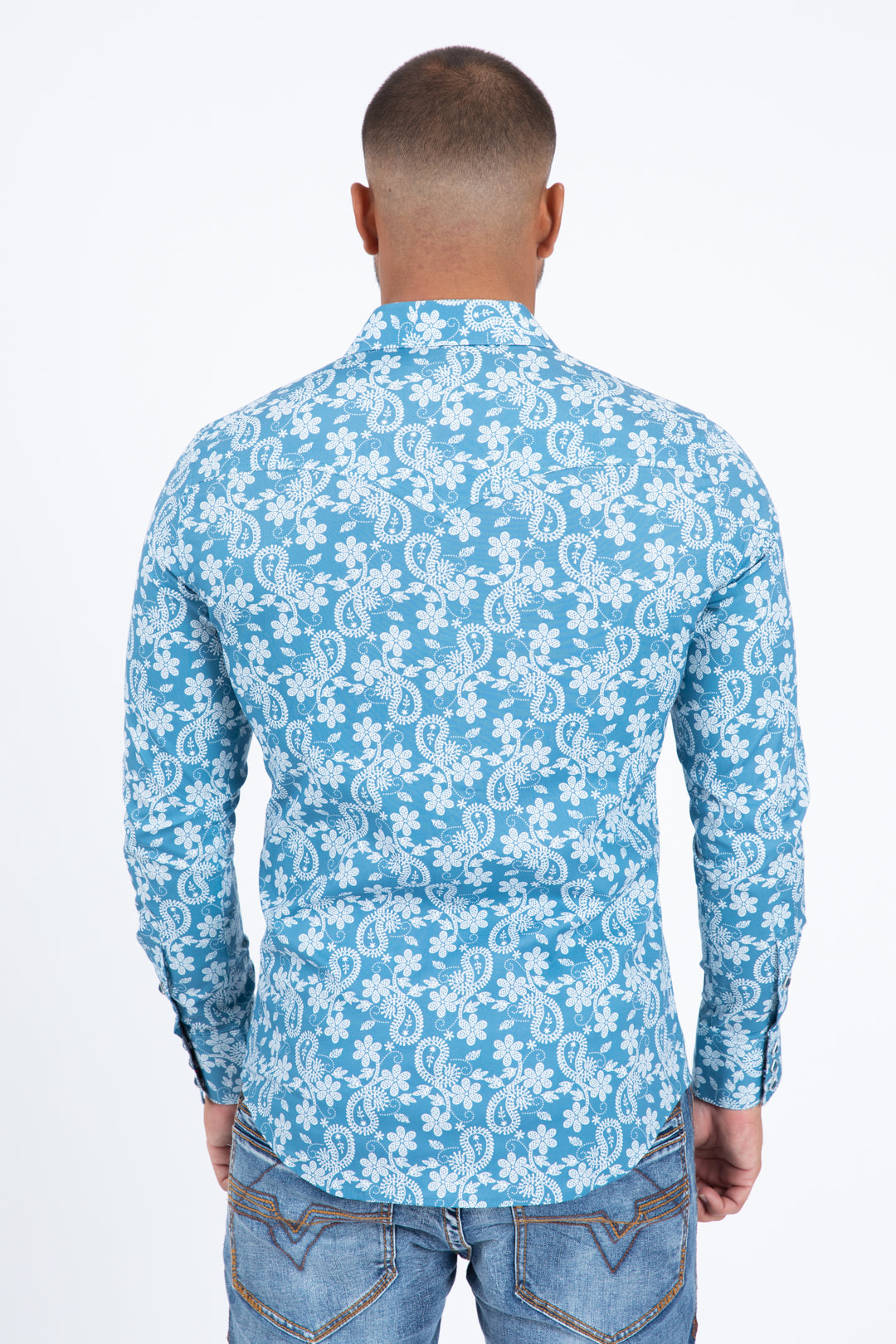 blue organic botanical western shirt platini back