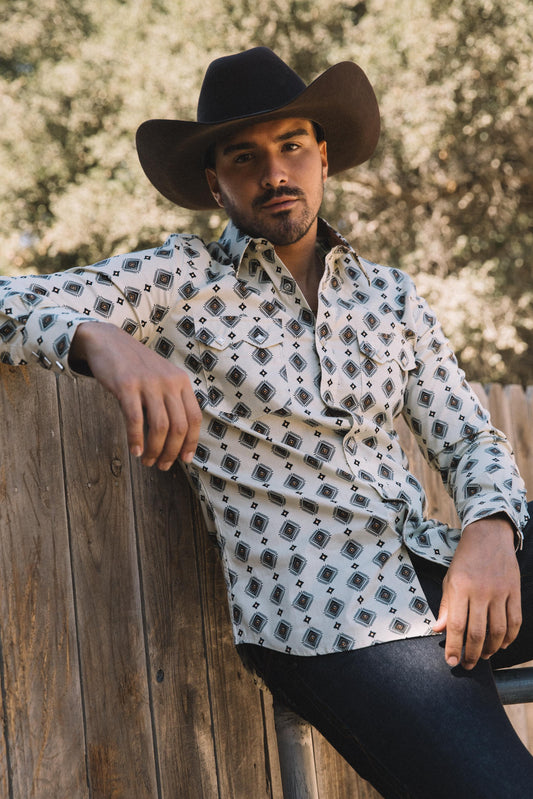 Mens Western Modern Fit Cotton/Spandex Long Sleeve Blue Shirt with Snaps