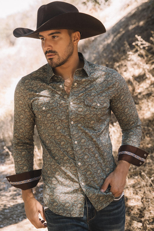 Mens Western Modern Fit Cotton/Spandex Long Sleeve Blue Shirt with Snaps