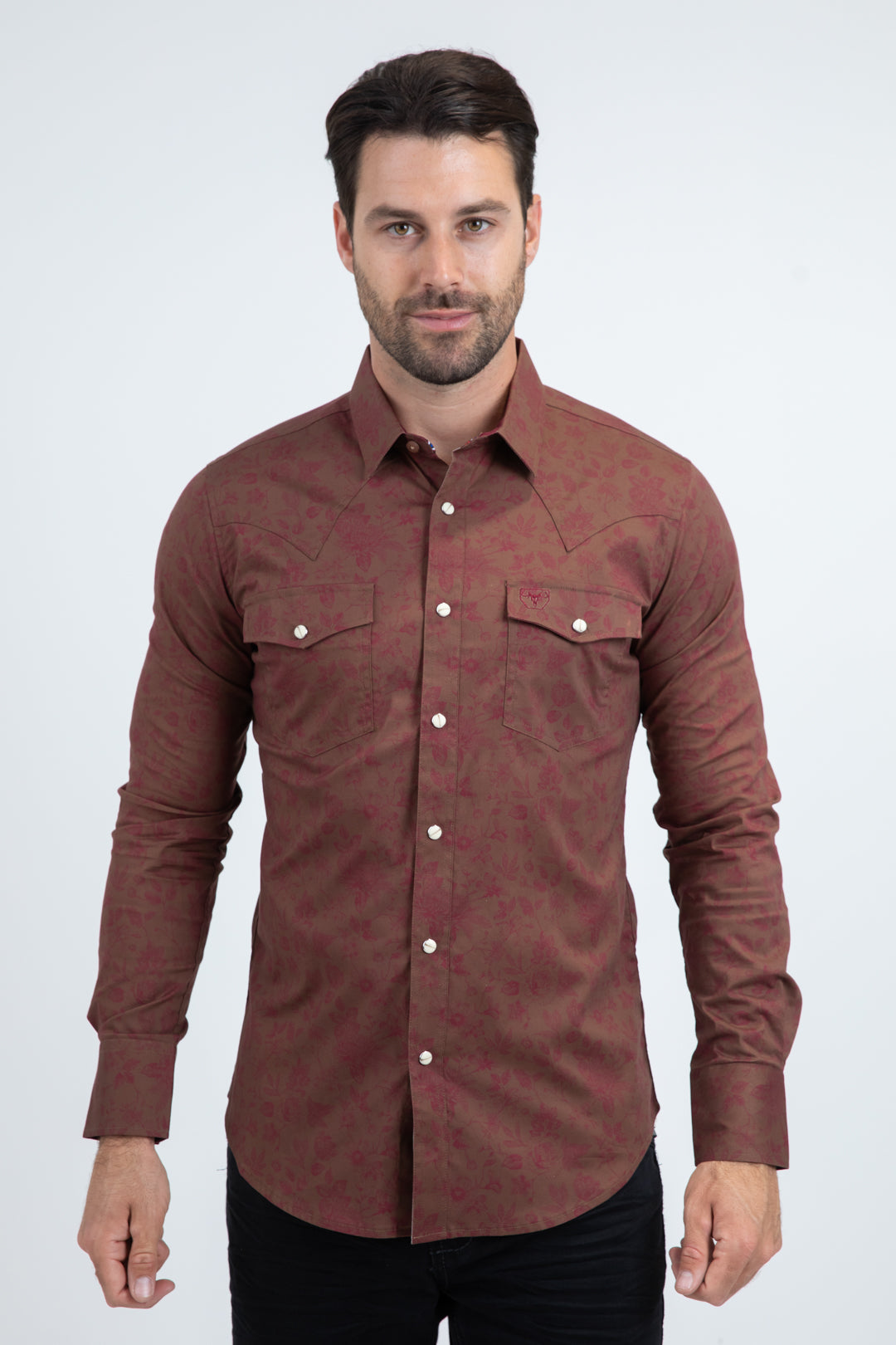 Mens Western Modern Fit Cotton/Spandex Long Sleeve Brown Shirt with Snaps