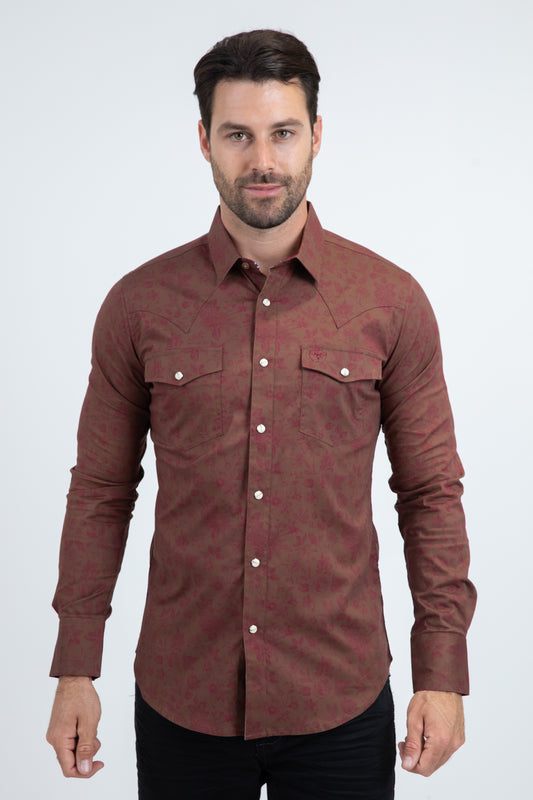 Mens Western Modern Fit Cotton/Spandex Long Sleeve Brown Shirt with Snaps