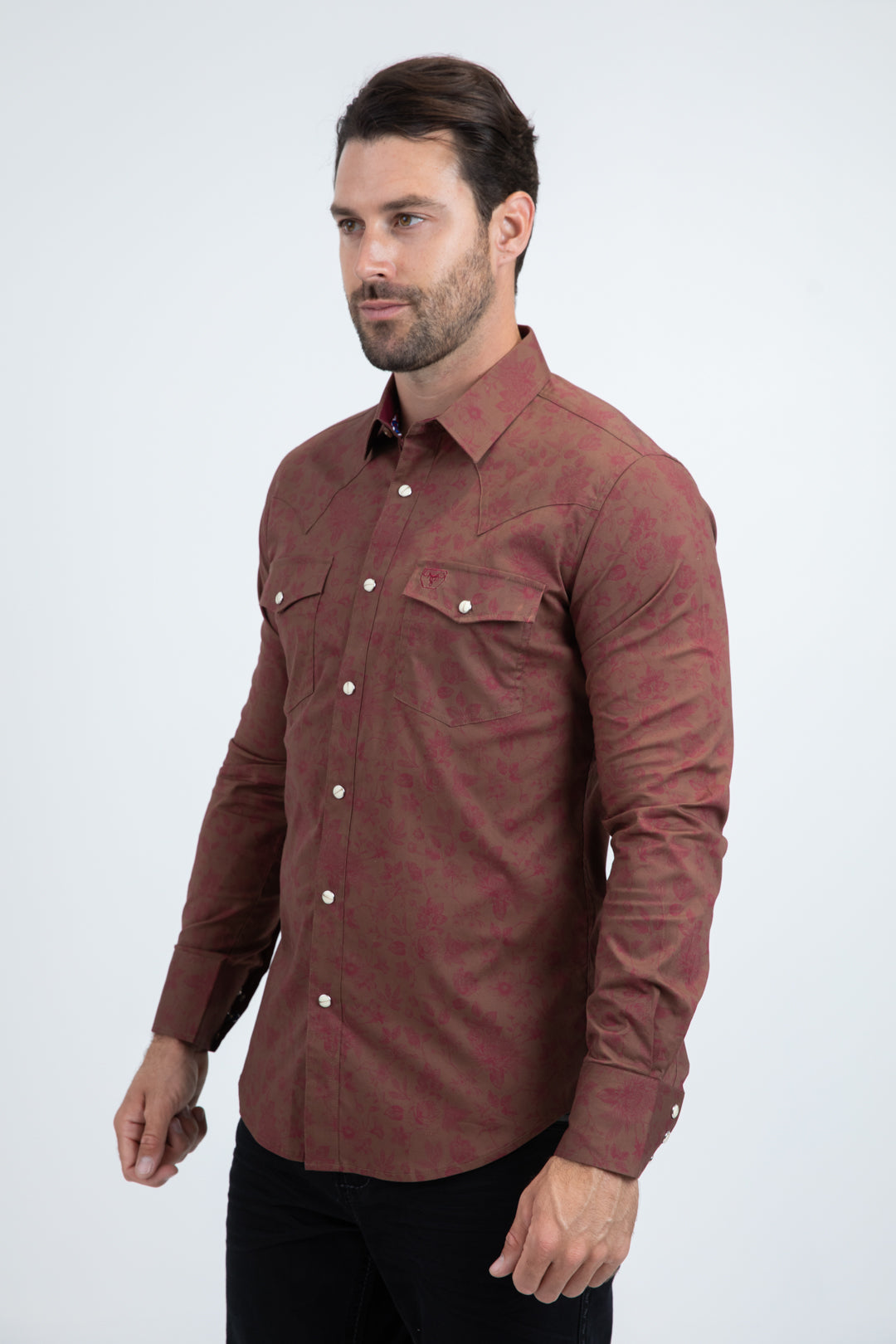 Mens Western Modern Fit Cotton/Spandex Long Sleeve Brown Shirt with Snaps