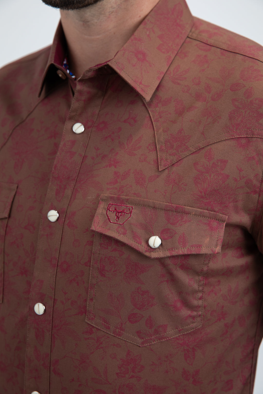 Mens Western Modern Fit Cotton/Spandex Long Sleeve Brown Shirt with Snaps