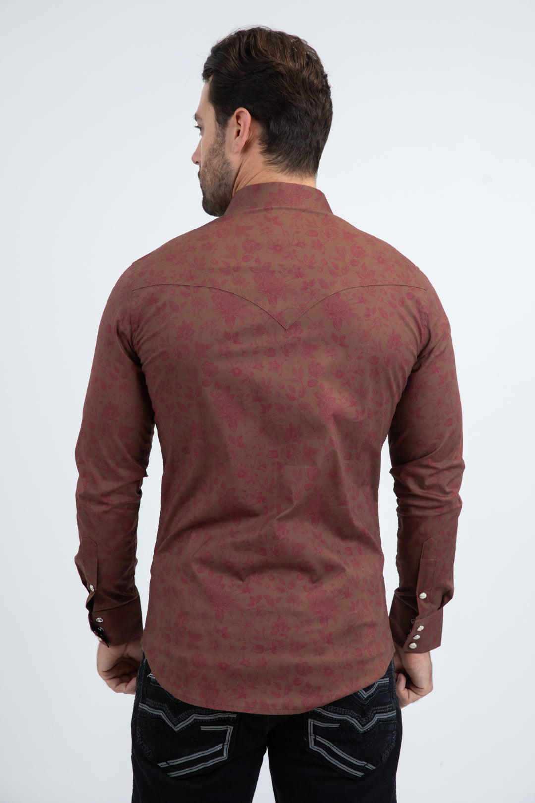 Mens Western Modern Fit Cotton/Spandex Long Sleeve Brown Shirt with Snaps