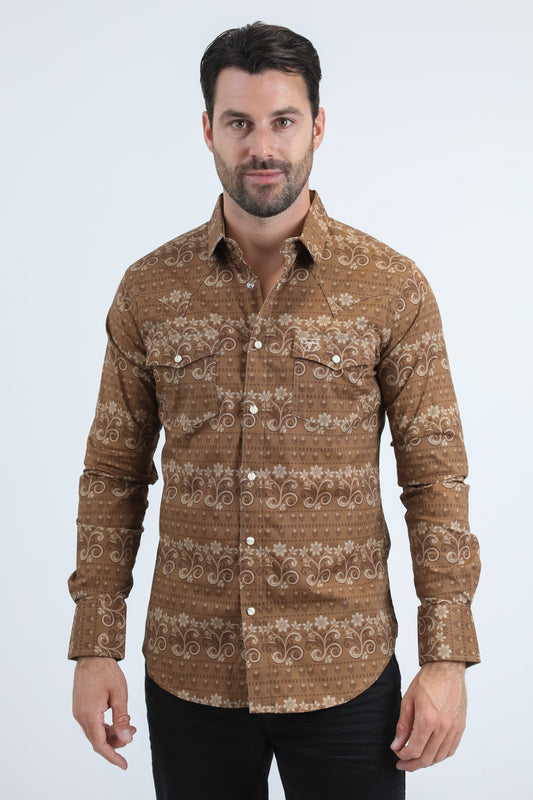 Mens Western Modern Fit Cotton/Spandex Long Sleeve Camel Shirt with Snaps