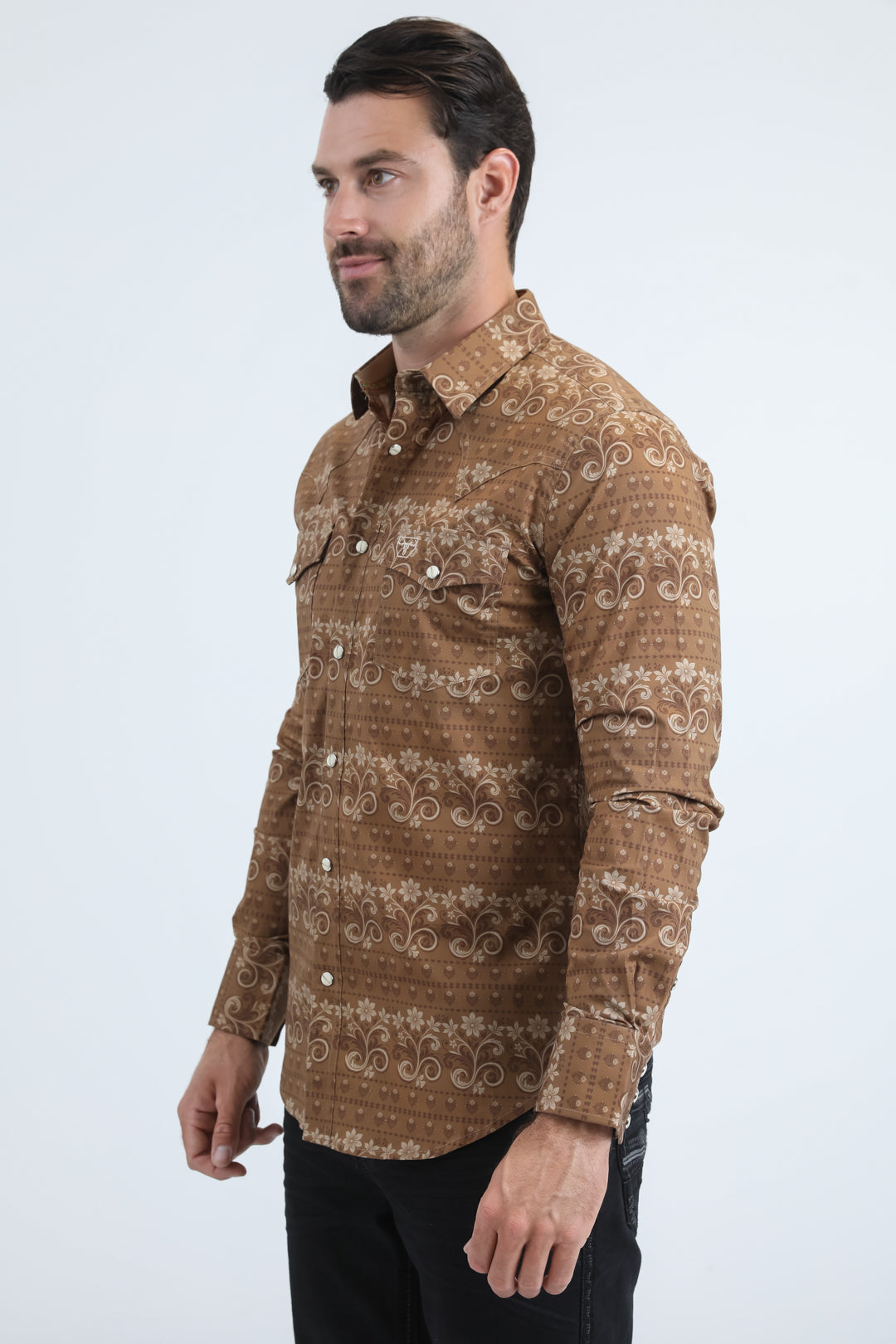 Mens Western Modern Fit Cotton/Spandex Long Sleeve Camel Shirt with Snaps