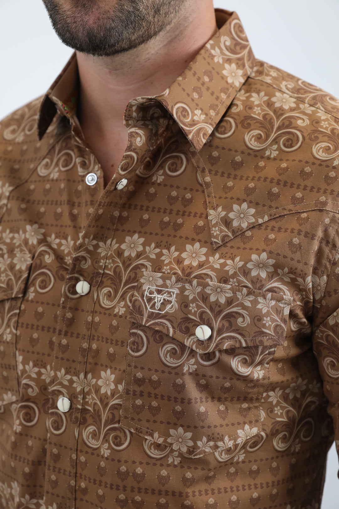 Mens Western Modern Fit Cotton/Spandex Long Sleeve Camel Shirt with Snaps