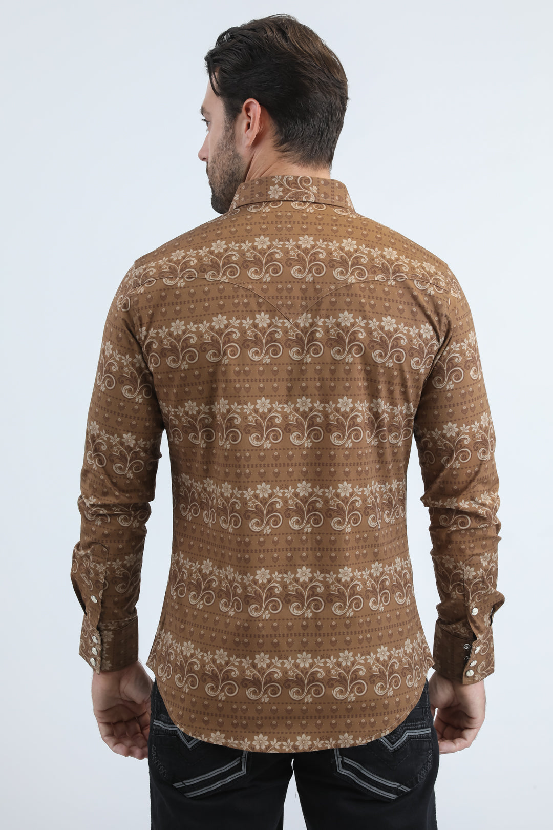 Mens Western Modern Fit Cotton/Spandex Long Sleeve Camel Shirt with Snaps