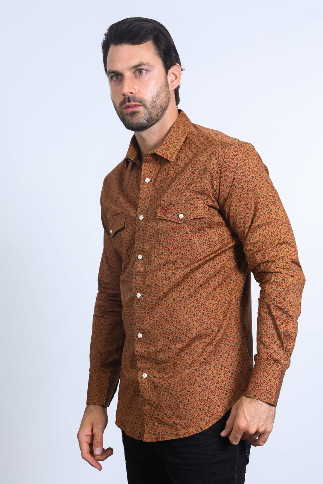 Mens Western Modern Fit Cotton/Spandex Long Sleeve Camel Shirt with Sn –  Platini Fashion
