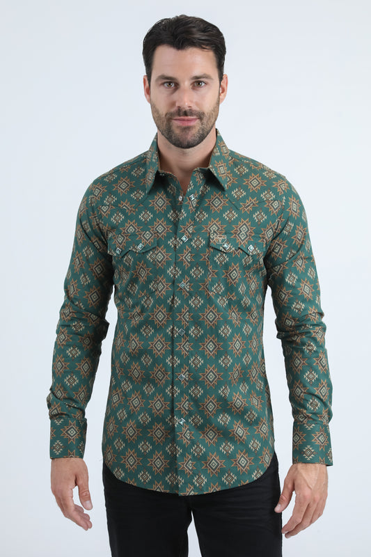 Mens Western Modern Fit Cotton/Spandex Long Sleeve Green Shirt with Snaps