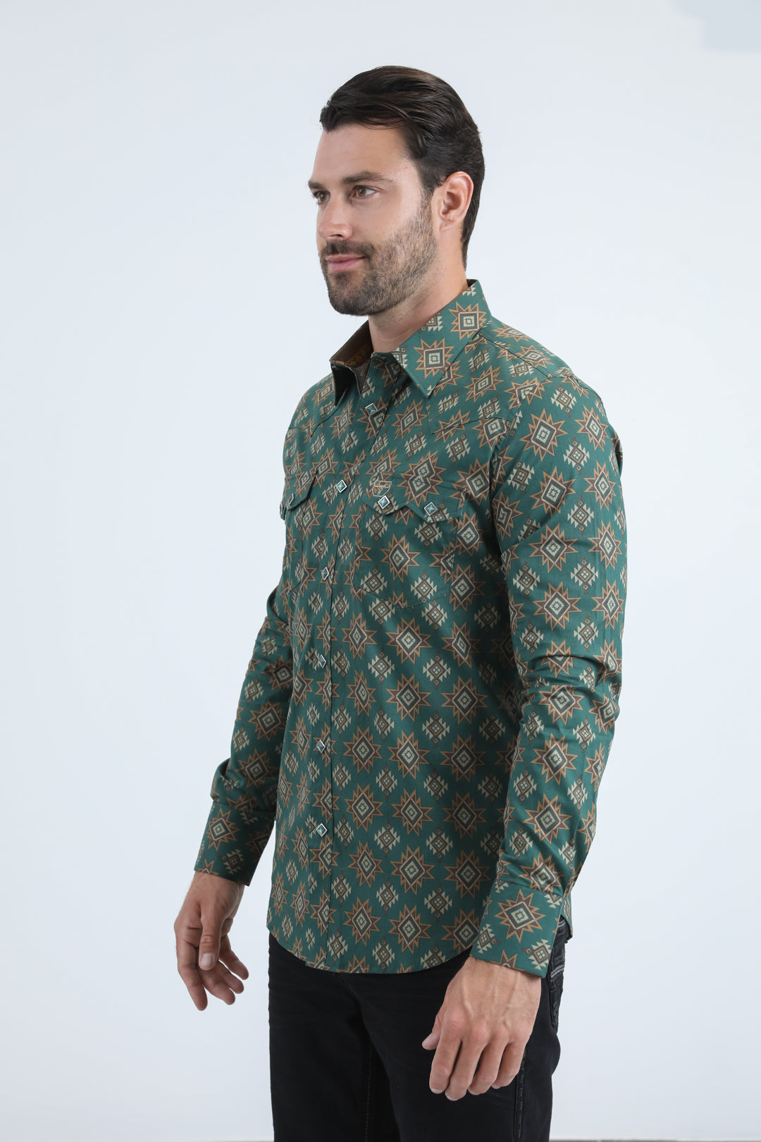 Mens Western Modern Fit Cotton/Spandex Long Sleeve Green Shirt with Snaps
