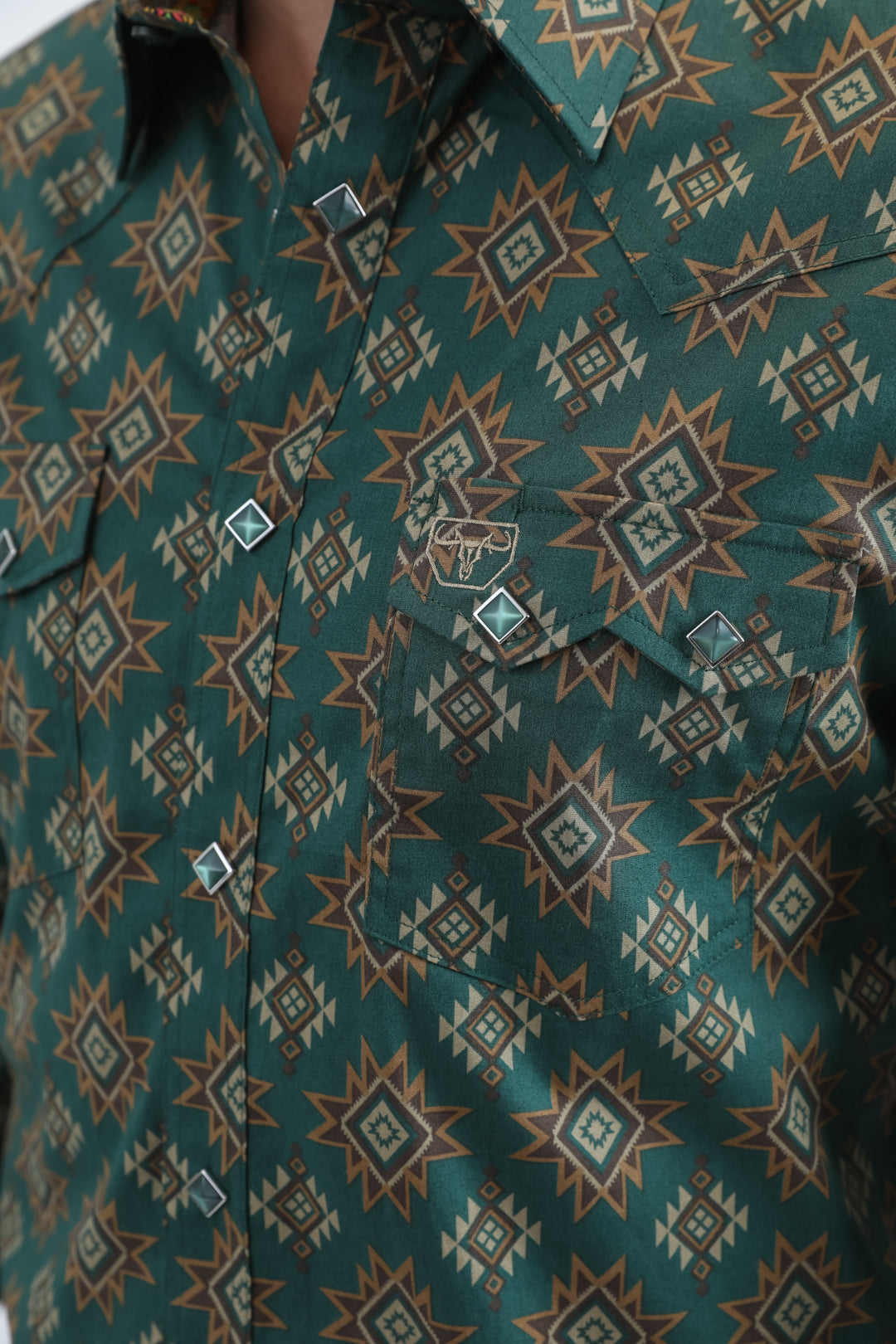 Mens Western Modern Fit Cotton/Spandex Long Sleeve Green Shirt with Snaps