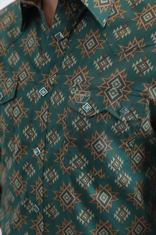 green tribal stripe western shirt men platini back