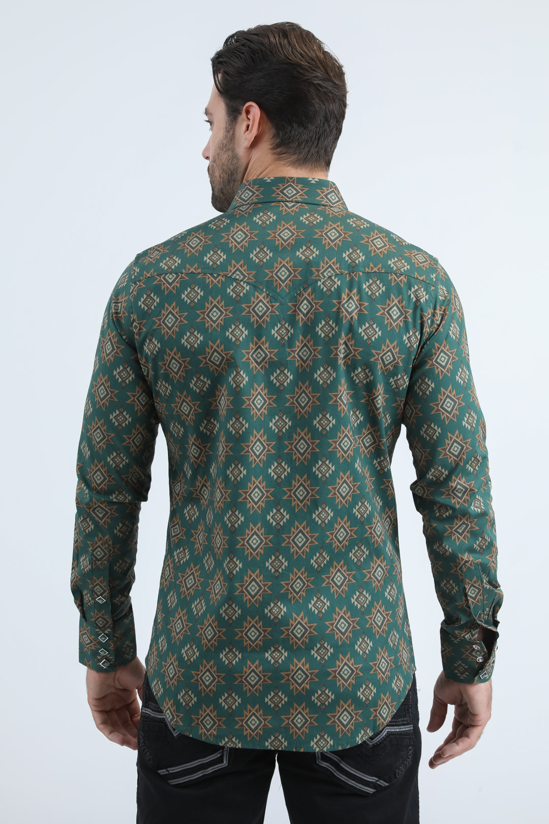 Mens Western Modern Fit Cotton/Spandex Long Sleeve Green Shirt with Snaps