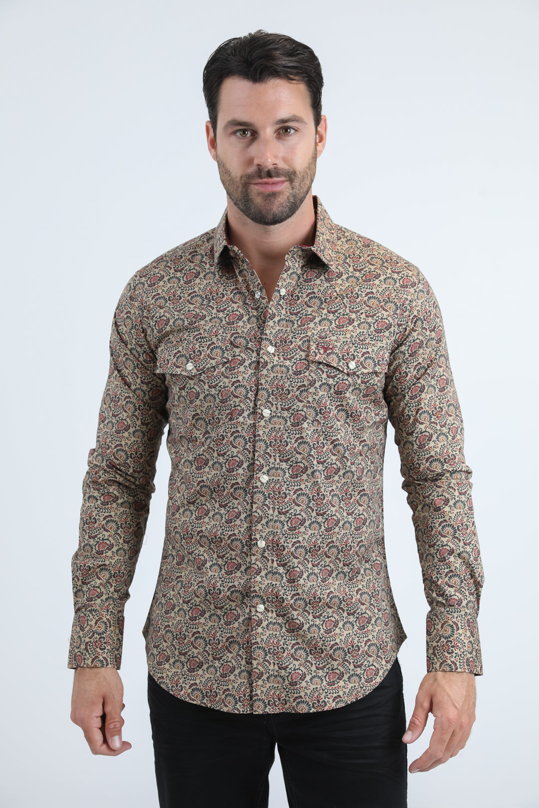 Mens Western Modern Fit Cotton/Spandex Long Sleeve Khaki Shirt with Snaps