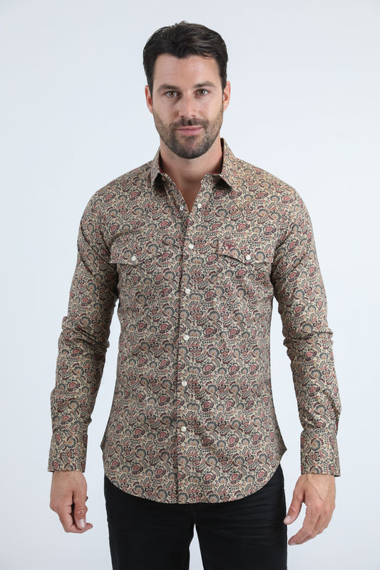 Mens Western Modern Fit Cotton/Spandex Long Sleeve Khaki Shirt with Snaps