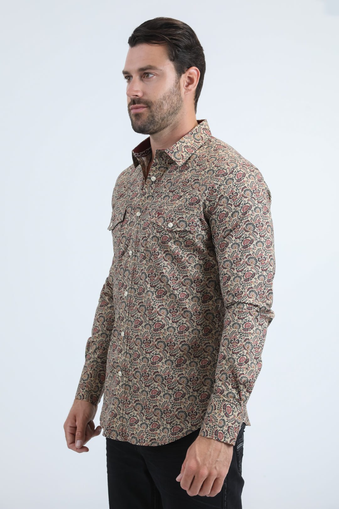Mens Western Modern Fit Cotton/Spandex Long Sleeve Khaki Shirt with Snaps