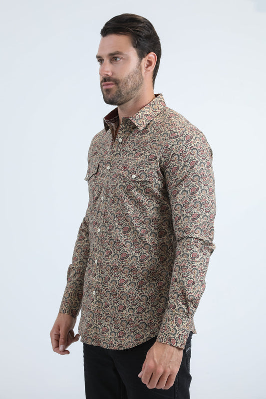 khaki leaf diamond botanical western shirt men platini back
