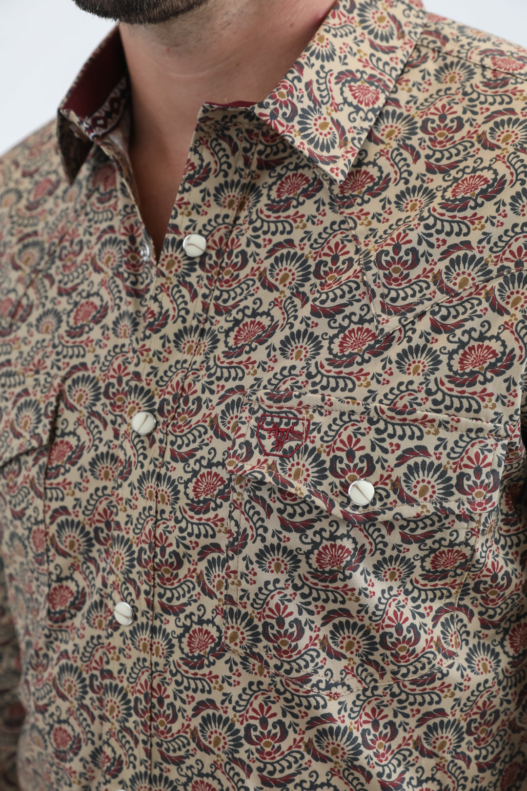 Mens Western Modern Fit Cotton/Spandex Long Sleeve Khaki Shirt with Snaps