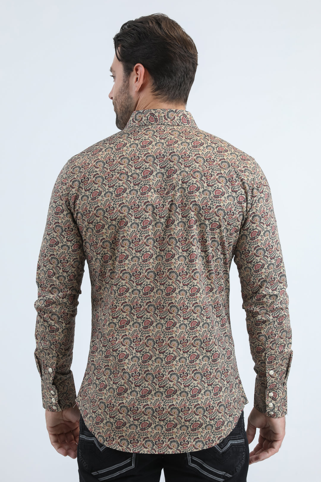 Mens Western Modern Fit Cotton/Spandex Long Sleeve Khaki Shirt with Snaps