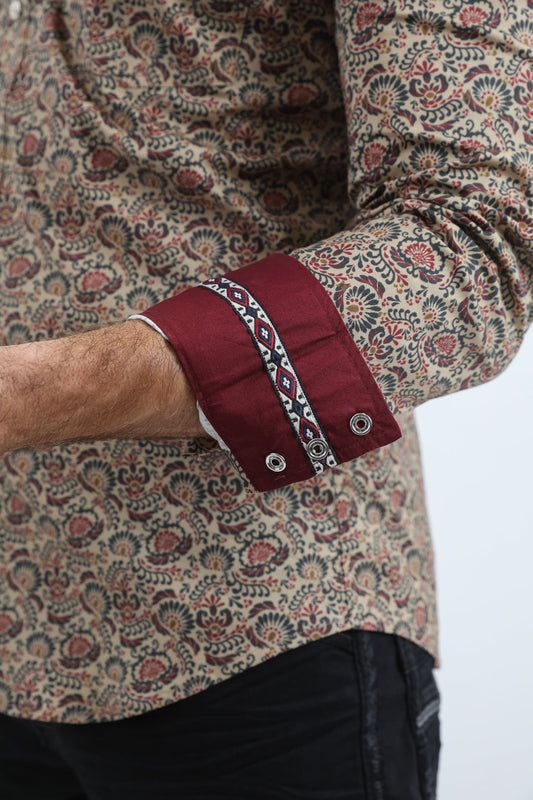 khaki leaf diamond botanical western shirt men platini detail-2