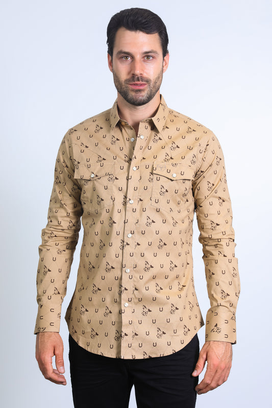 khaki classic solid luxe western shirt platini front