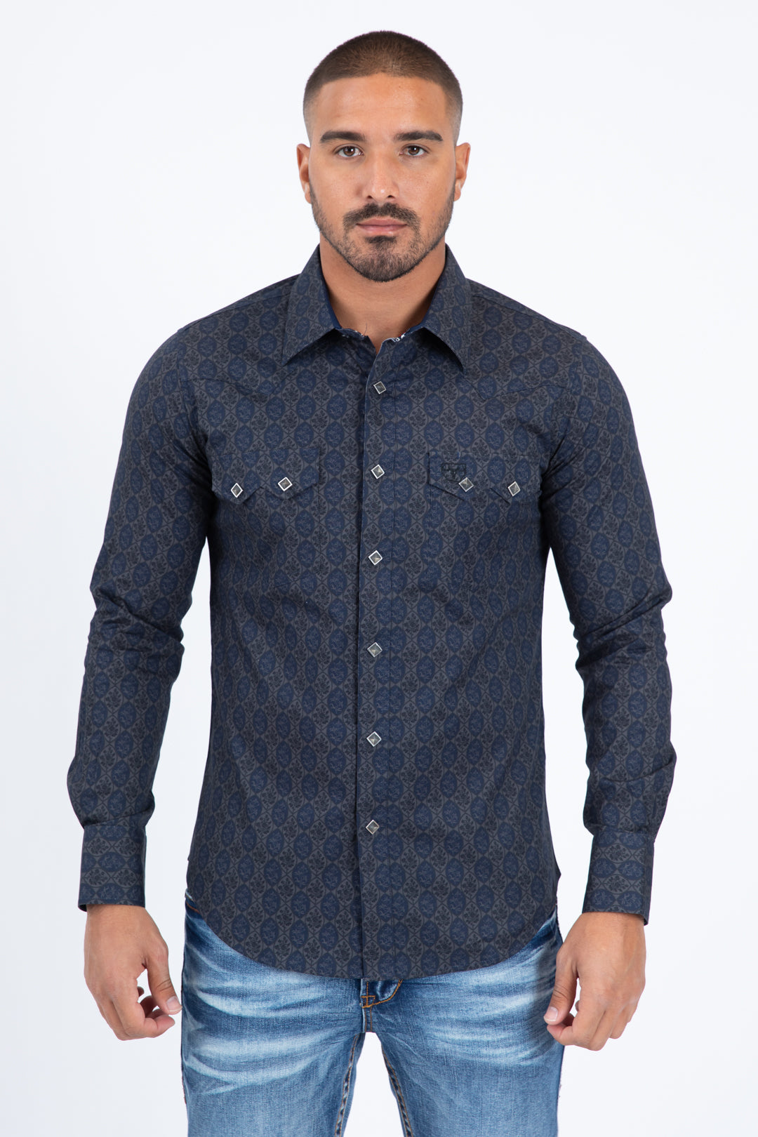navy micro pattern geometric western shirt platini