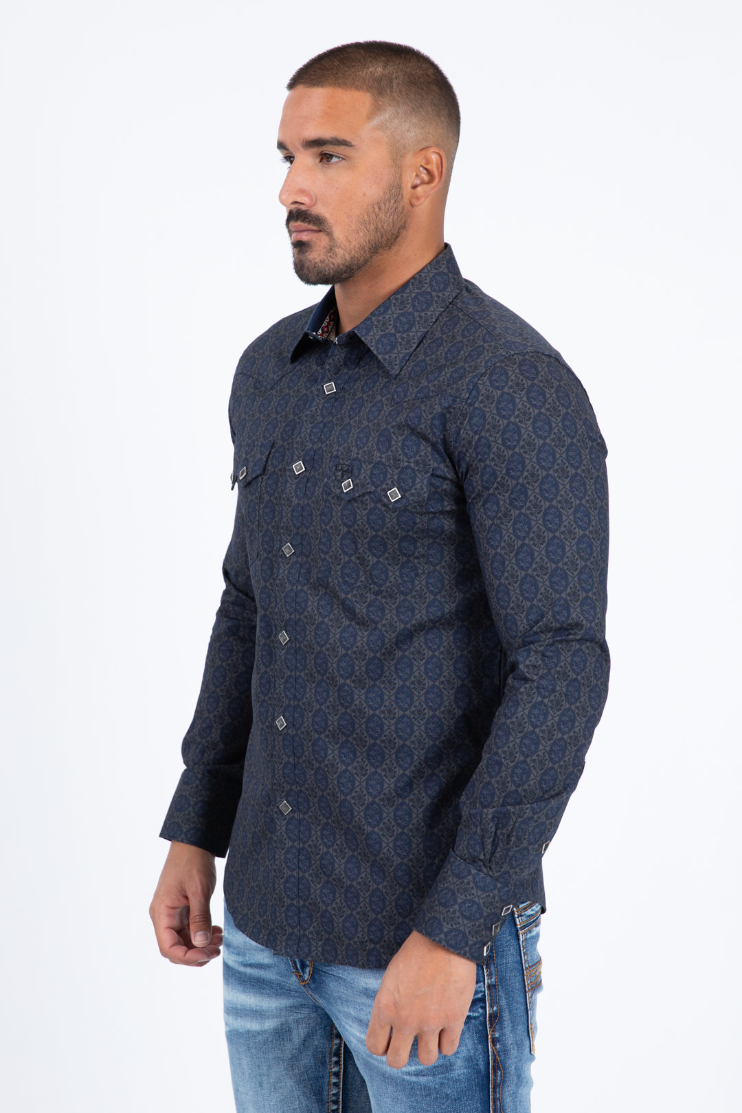 navy micro pattern geometric western shirt platini