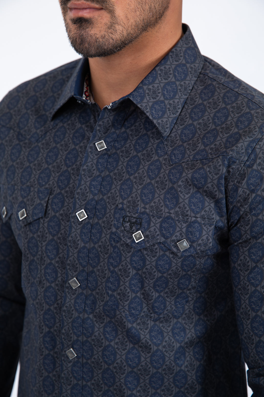 navy micro pattern geometric western shirt platini
