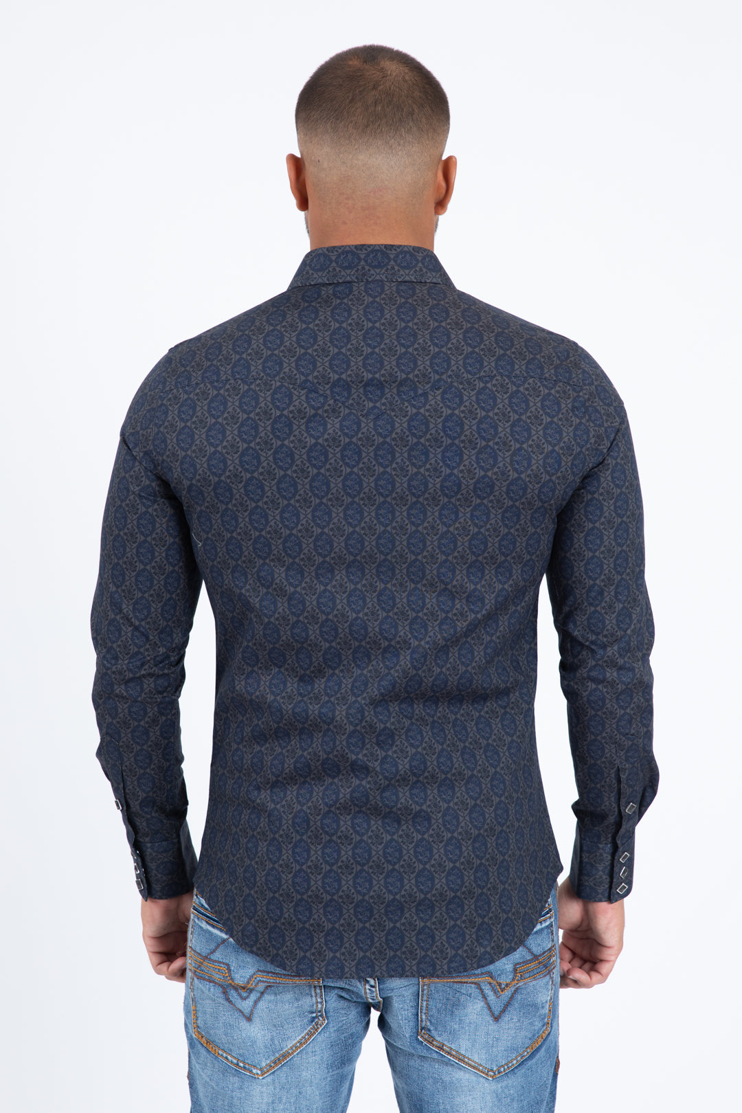 navy micro pattern geometric western shirt platini