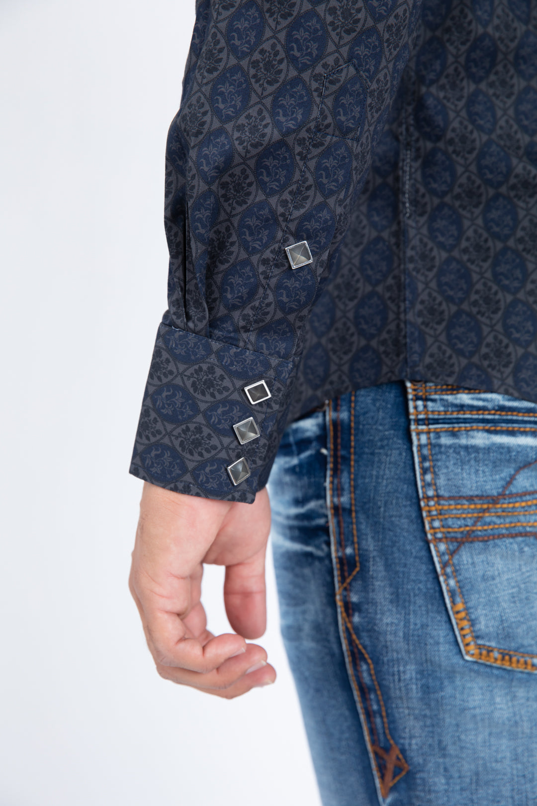 navy micro pattern geometric western shirt platini