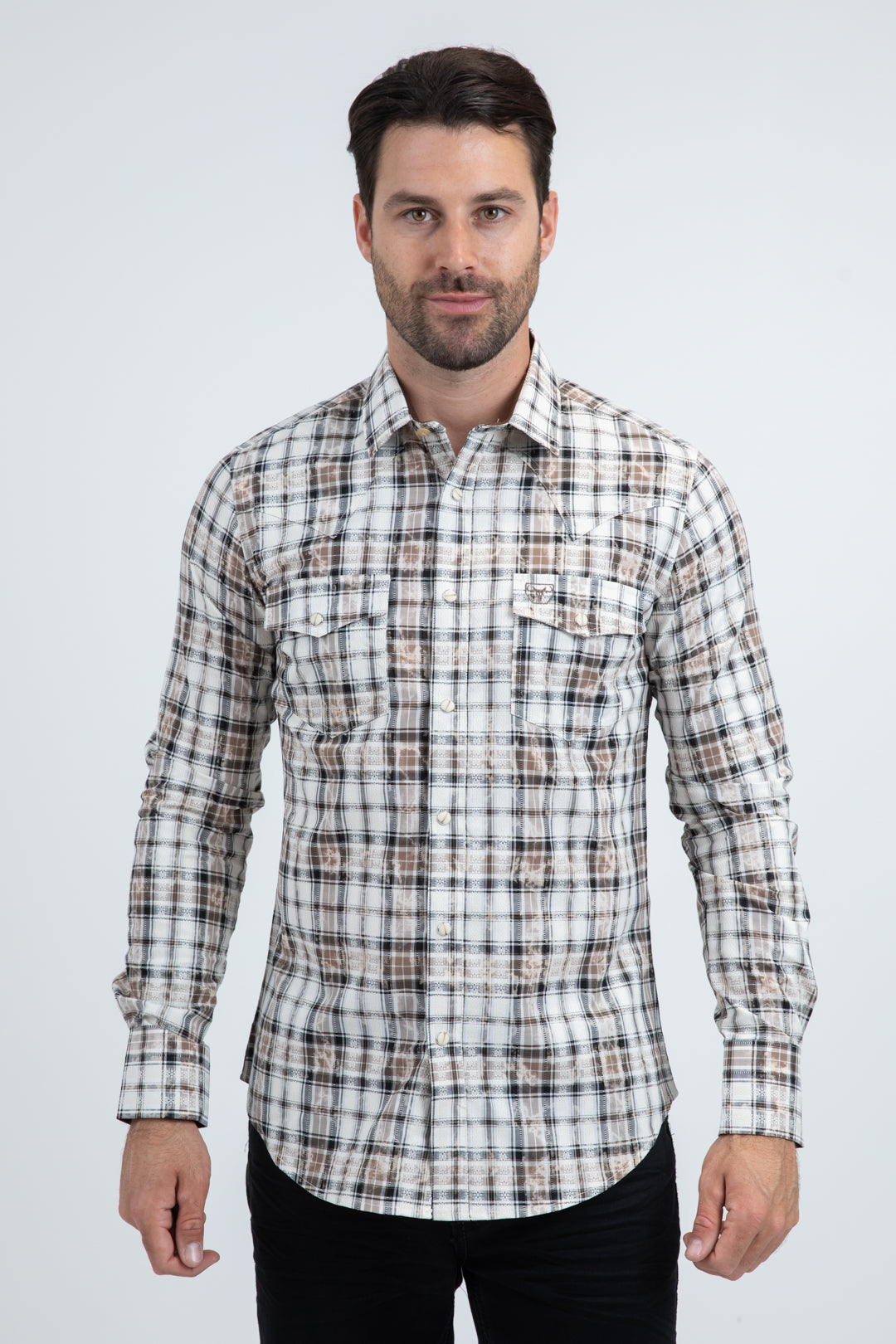 Mens Western Modern Fit Cotton/Spandex Long Sleeve White Shirt with Snaps