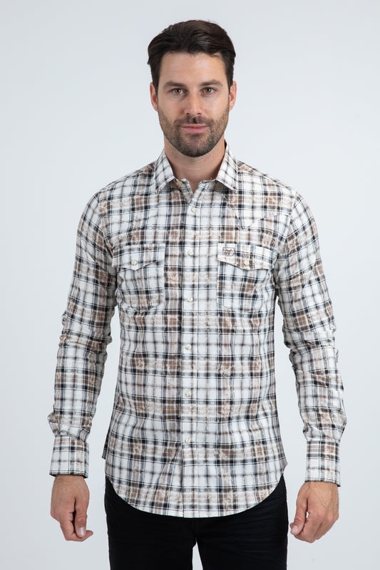 Mens Western Modern Fit Cotton/Spandex Long Sleeve White Shirt with Snaps