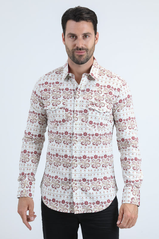 Mens Western Modern Fit Cotton/Spandex Long Sleeve White Shirt with Snaps