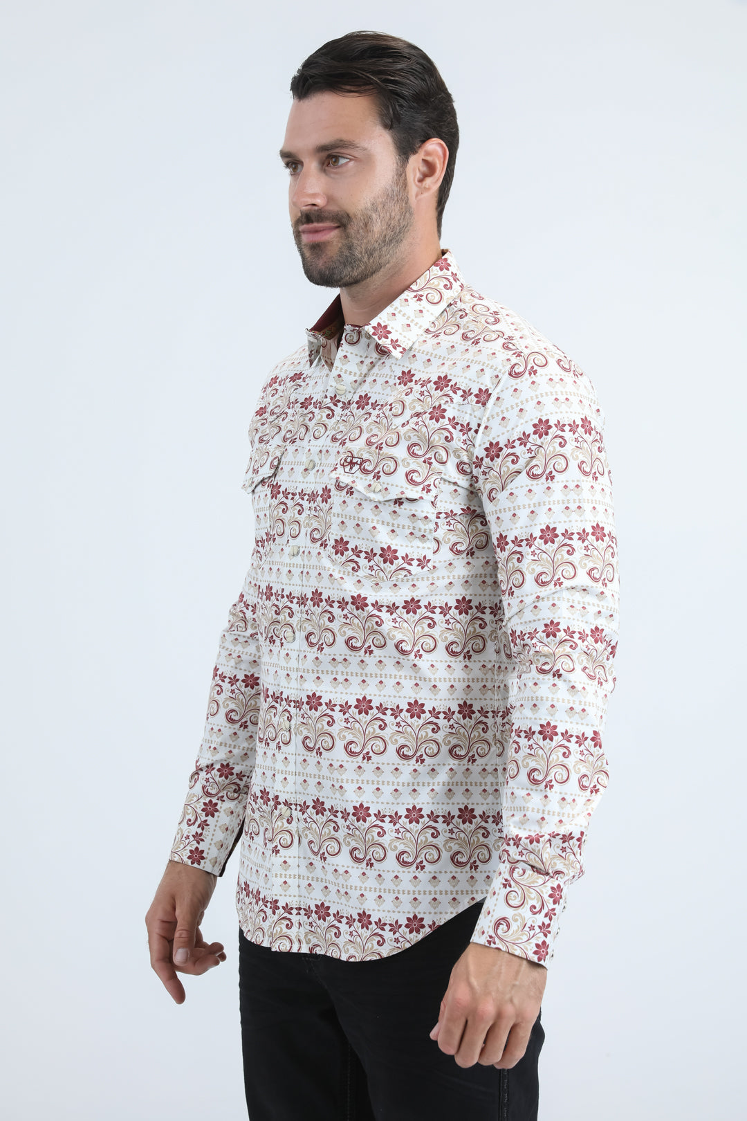 Mens Western Modern Fit Cotton/Spandex Long Sleeve White Shirt with Snaps