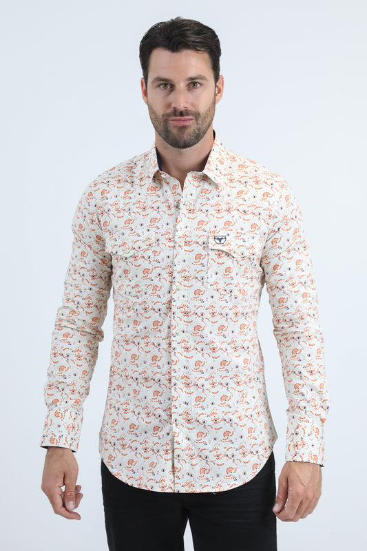 Mens Western Modern Fit Cotton/Spandex Long Sleeve White Shirt with Snaps