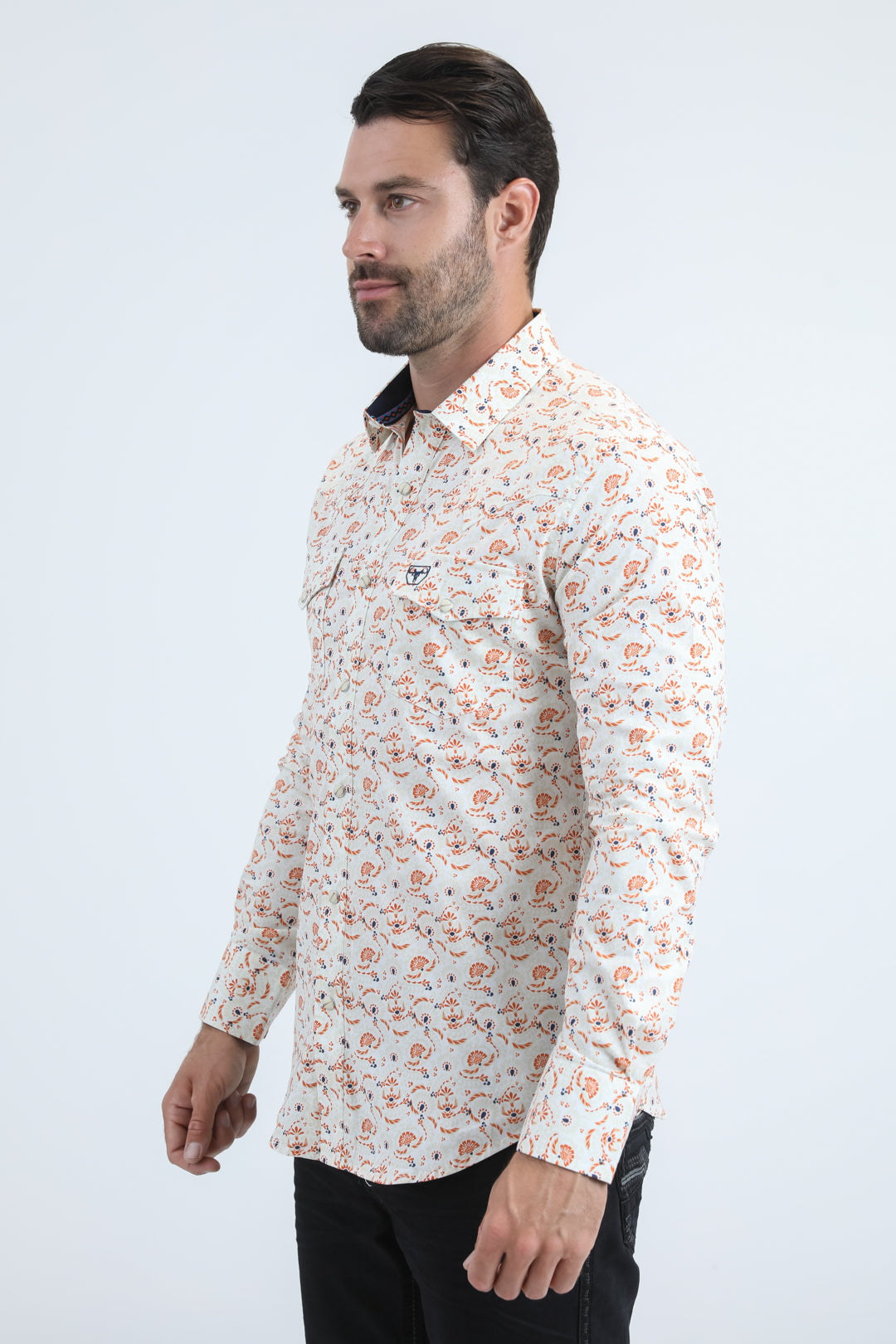 Mens Western Modern Fit Cotton/Spandex Long Sleeve White Shirt with Snaps