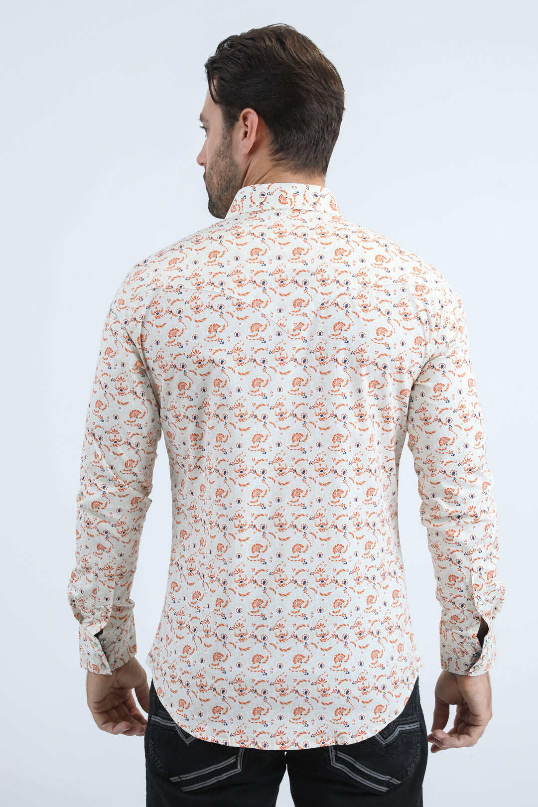 Mens Western Modern Fit Cotton/Spandex Long Sleeve White Shirt with Snaps