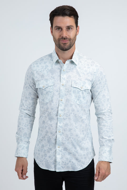 Mens Western Modern Fit Cotton/Spandex Long Sleeve White Shirt with Snaps