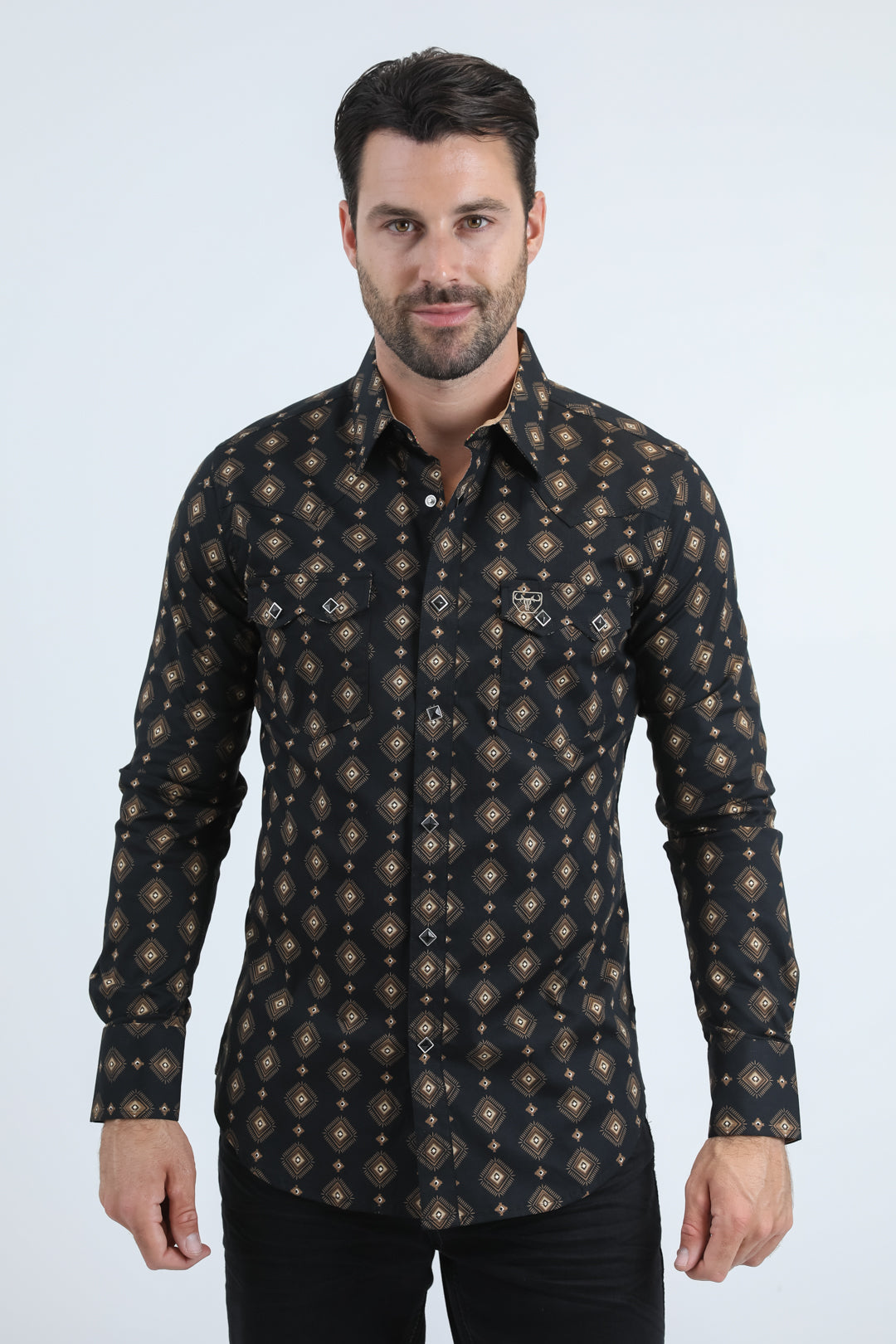 Mens Western Modern Fit Cotton/Spandex Long Sleeve White Shirt with Snaps