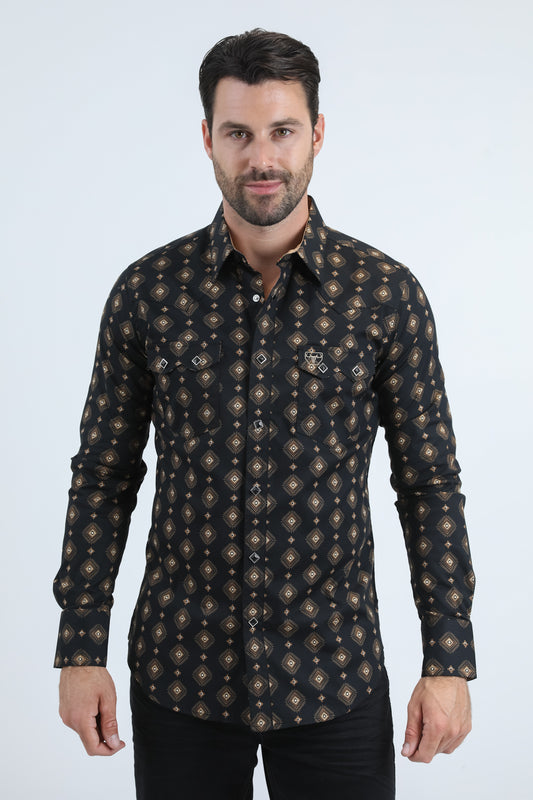 Mens Western Modern Fit Cotton/Spandex Long Sleeve White Shirt with Snaps