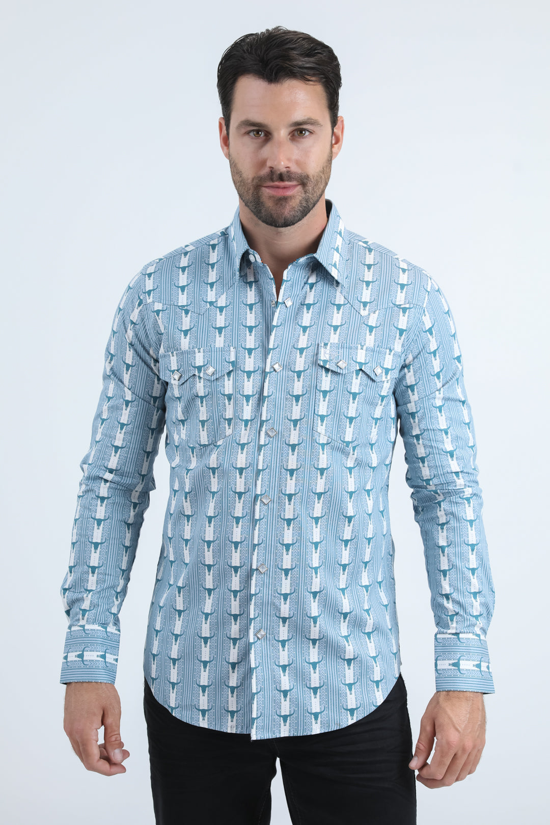 Mens Western Modern Fit Cotton/Spandex Long Sleeve White Shirt with Snaps