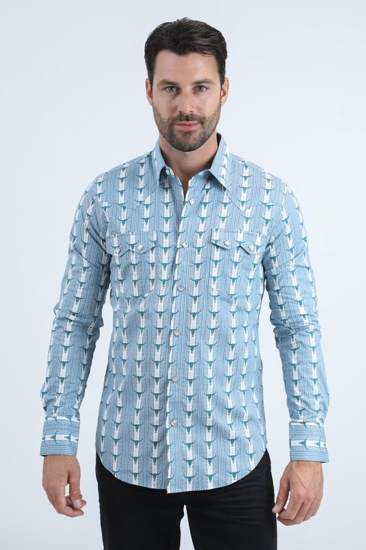 Mens Western Modern Fit Cotton/Spandex Long Sleeve White Shirt with Snaps